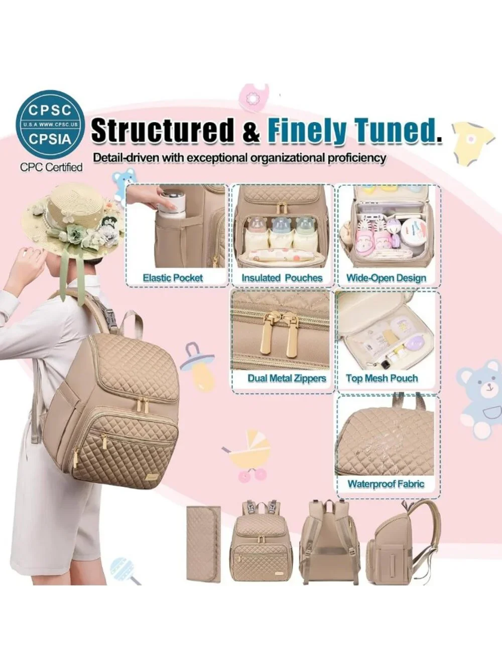 Large Diaper Bag Backpack with Changing Pad, Insulated Pockets & Stroller Straps